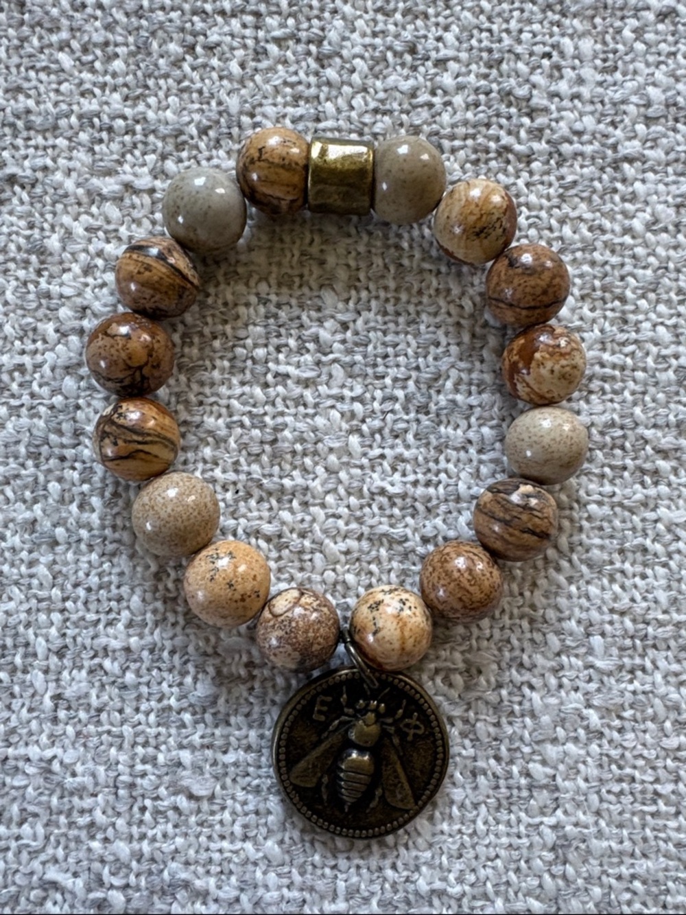 Natural Brown Jasper Beaded Bracelet Bee Charm Vintage Style Stretch Bracelet‎